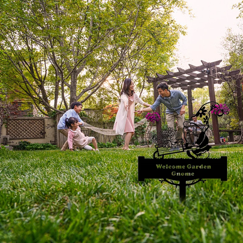 

Hot Garden Gnome Monogram Yard Sign Iron Style Silhouettes Garden Lawn Decoration