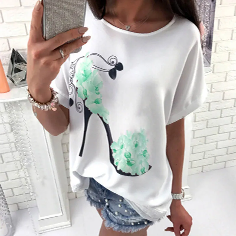 Рукав летучая мышь на высоком каблуке футболка с принтом топы короткими рукавами