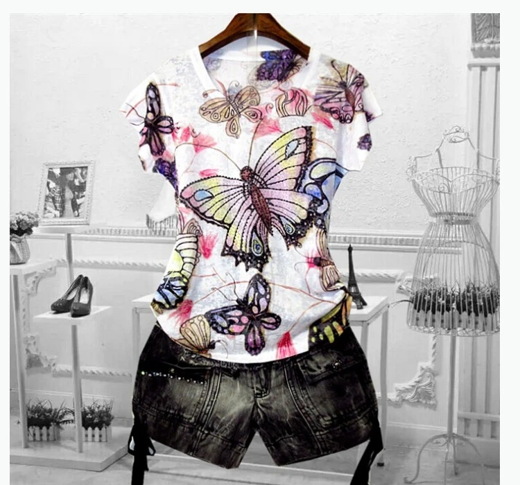 Футболка женская с принтом бабочек Модный Приталенный топ коротким рукавом и