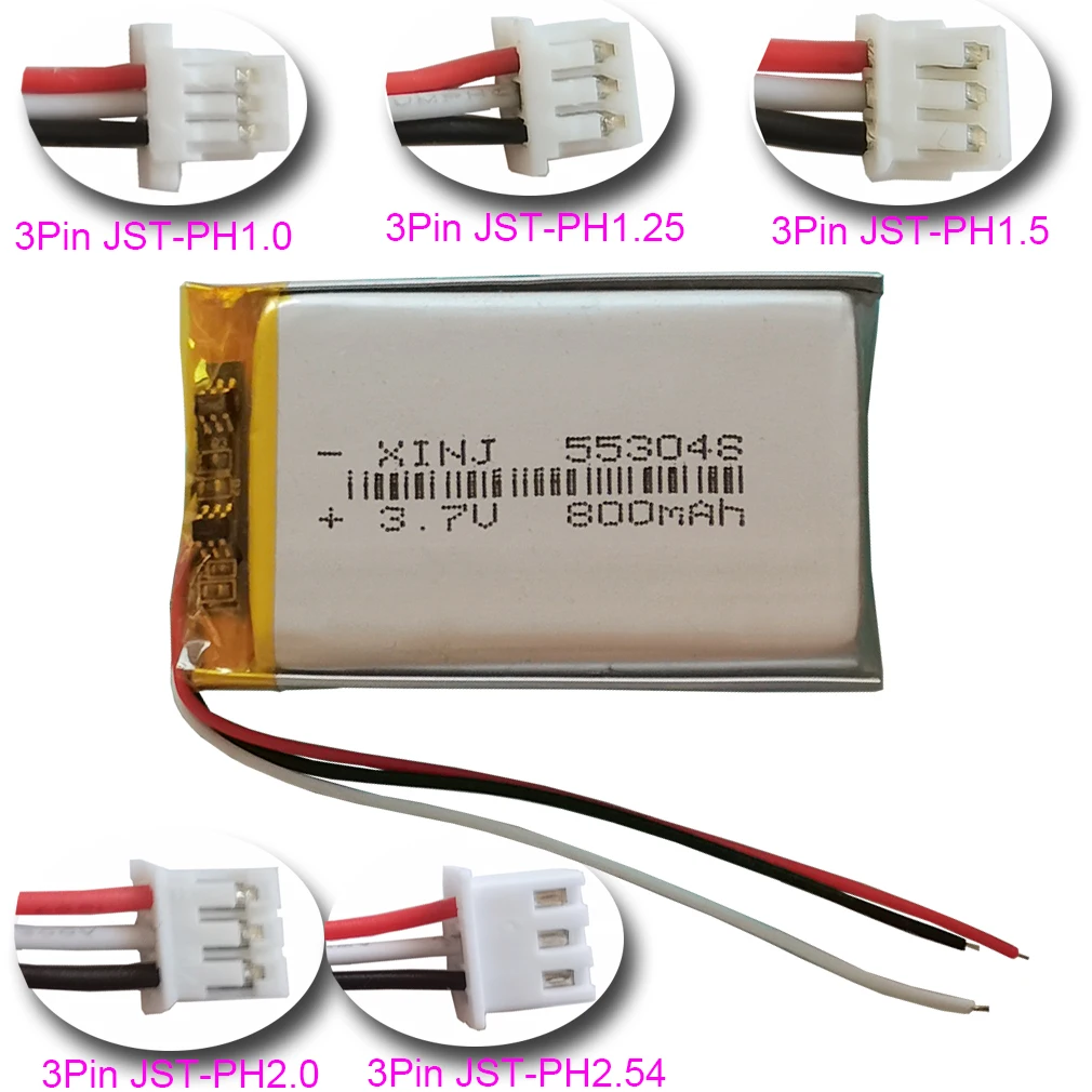 

3.7V 800 mAh 2.96Wh 553048 Thermistor 3 Wires Rechgerable Polymer Li Lipo Battery 3Pin JST-XH 1.0 1.25 1.5 2.0 2.54mm Plut