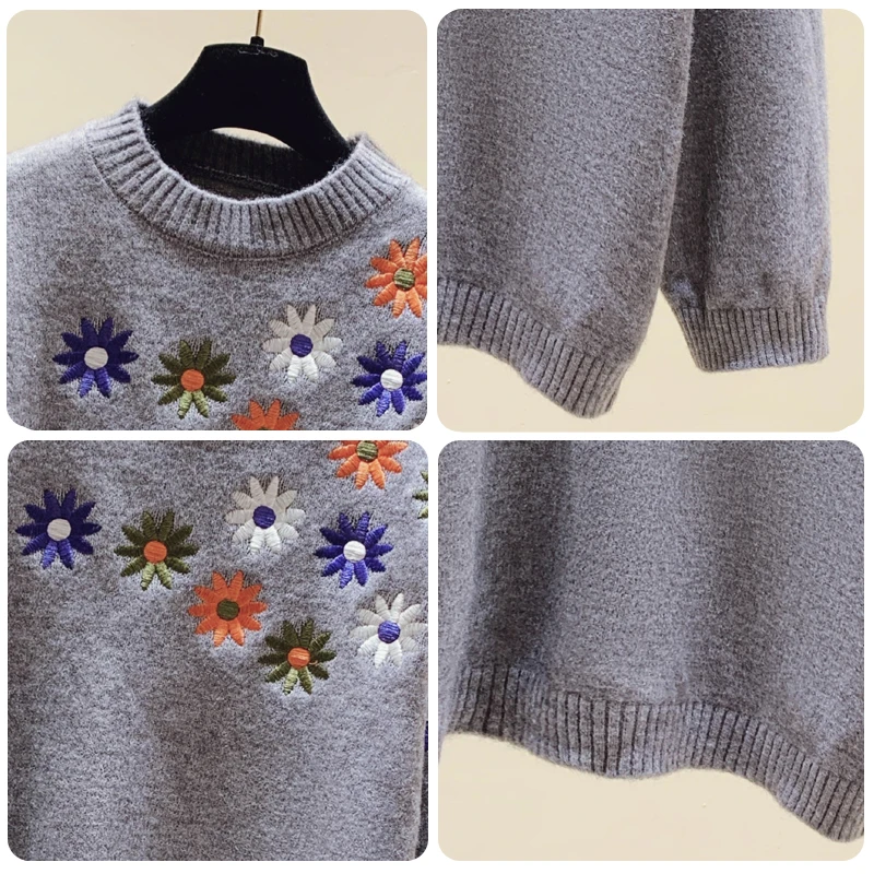 

LUKAXSIKAX 2020 New Autumn Winter Women Thicken Sweater High Quality Flowers Embroidery Knitted Pullover Sweater