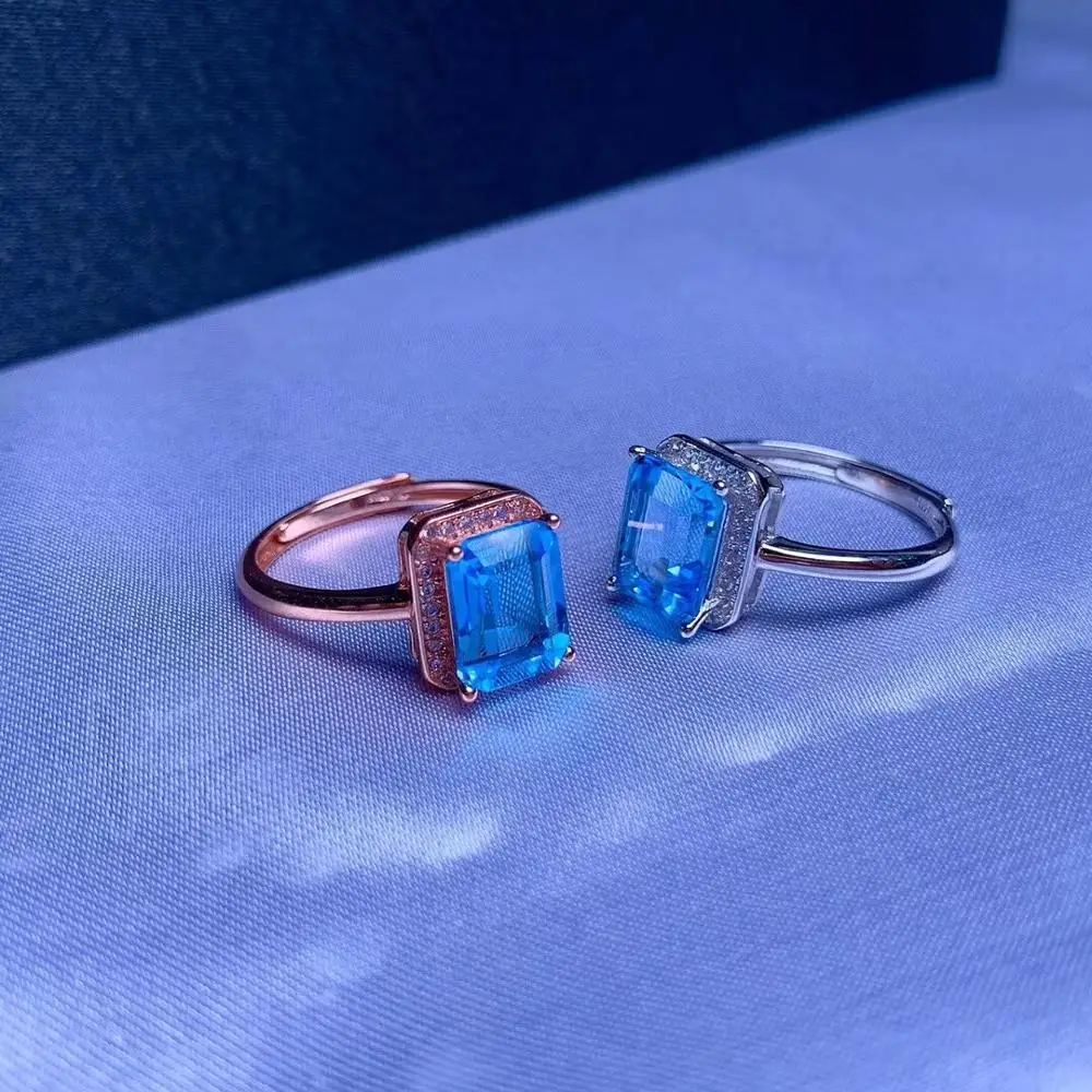 

Natural Blue Topaz Solitaire Ring for Women, Emerald Cut, 925 Sterling Silver, 6*8mm Gemstone with Velvet Box Certificate FJ1544
