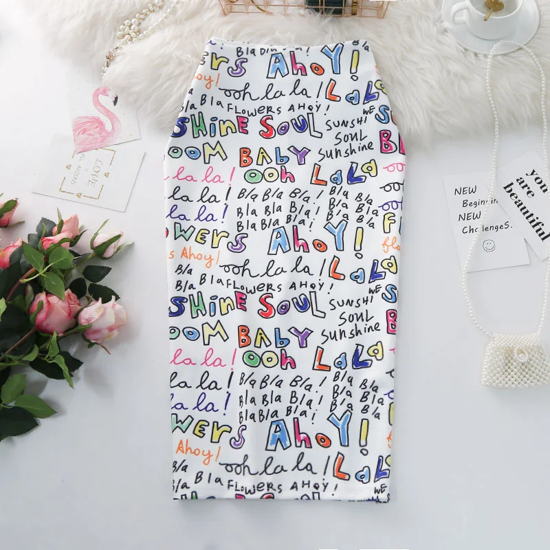 

Women's pencils come out printed graphic letters summer high waist high slit woman's tube come out