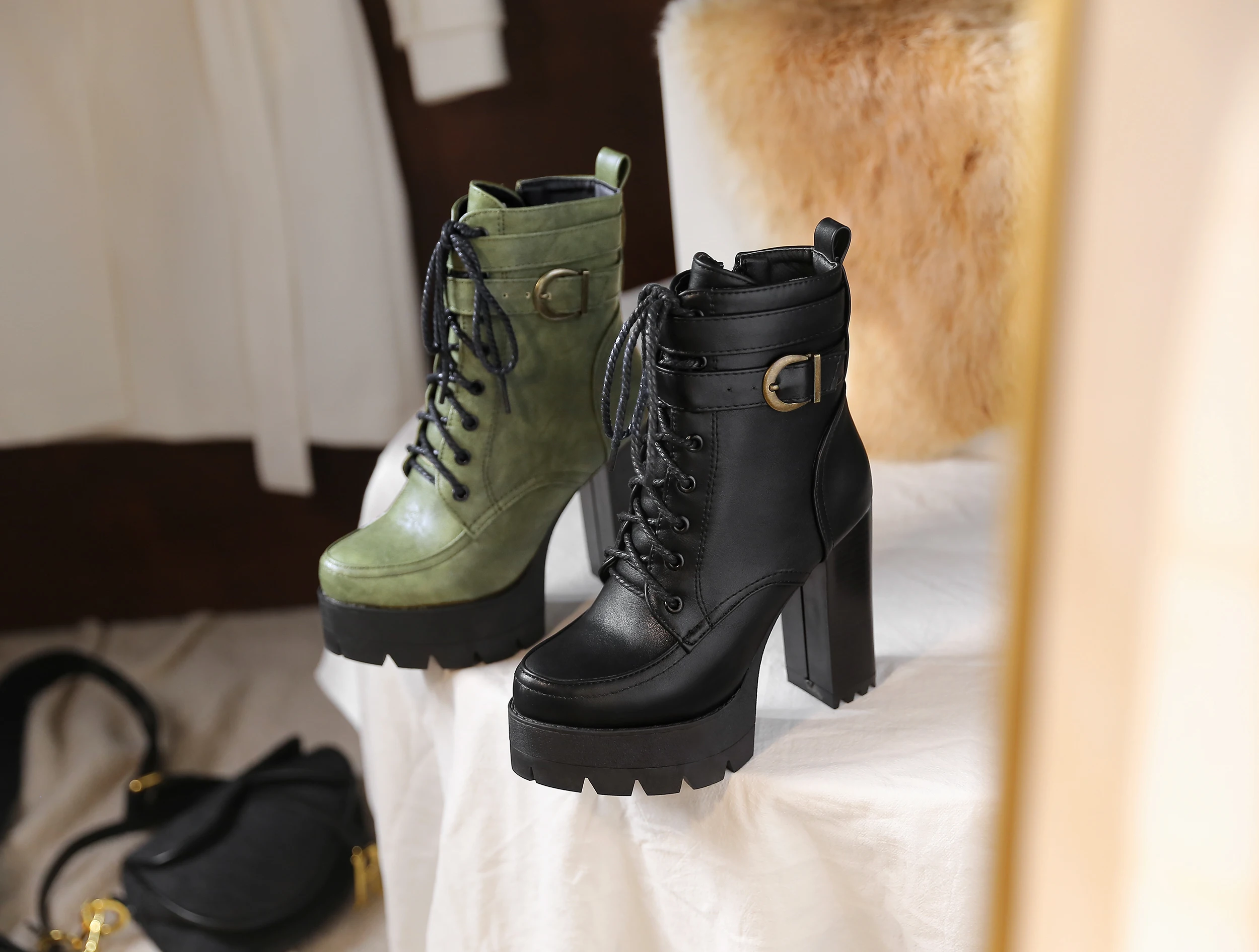 

kickway Autumn Winter Ankle Boots For Women Sexy Motorcycle Boots Chunky High Heels Platform Luxury Short Boots Black Size 34-43