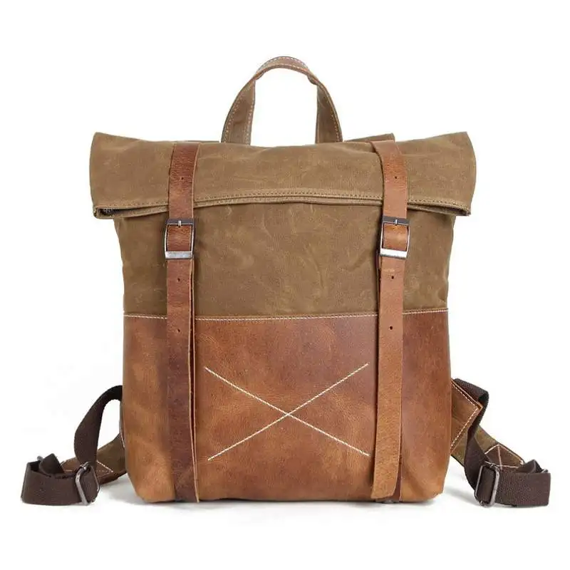 

European Style Canvas Leather Backpacks Men 14" Laptop Backpack Vintage Waterproof School Bags For Teenager Traveling Back Packs