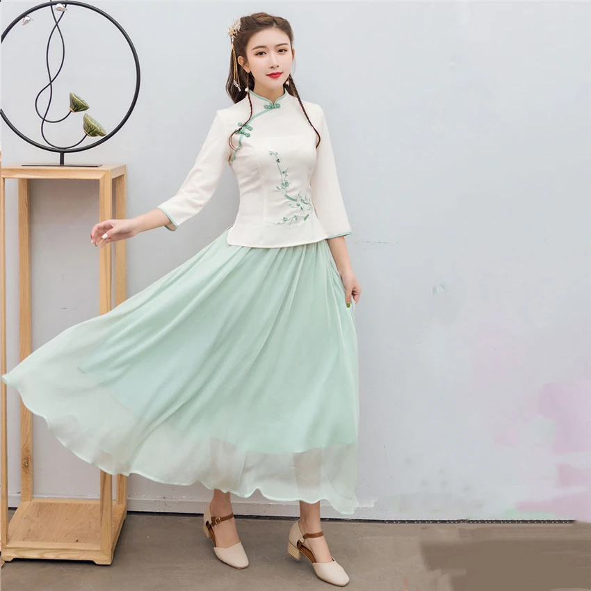 Традиционная китайская одежда для женщин новые юбки Cheongsam Топ Hanfu Новогодняя винтажная китайская рубашка Стиль Тан костюм