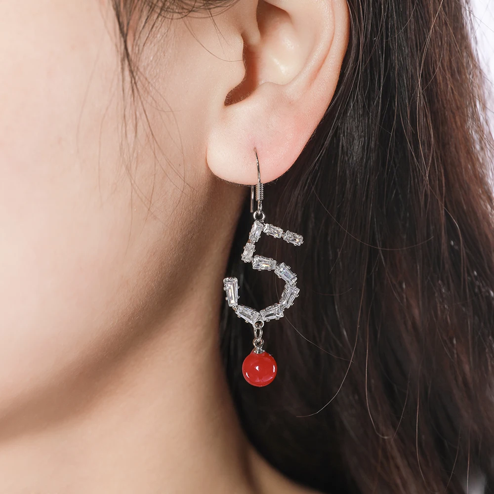

WYBU Fashion Number 5 Chain Drop Earring Inlay Rhinestone Red cherry Ball Pendant Earrings Jewelry For Women Gift