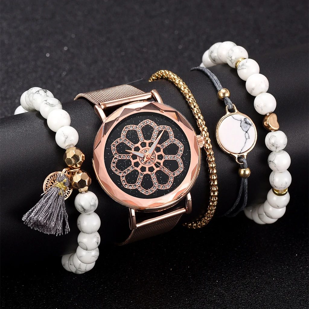 5 шт./компл. Повседневные Женские романтичные наручные часы браслет на магнитном