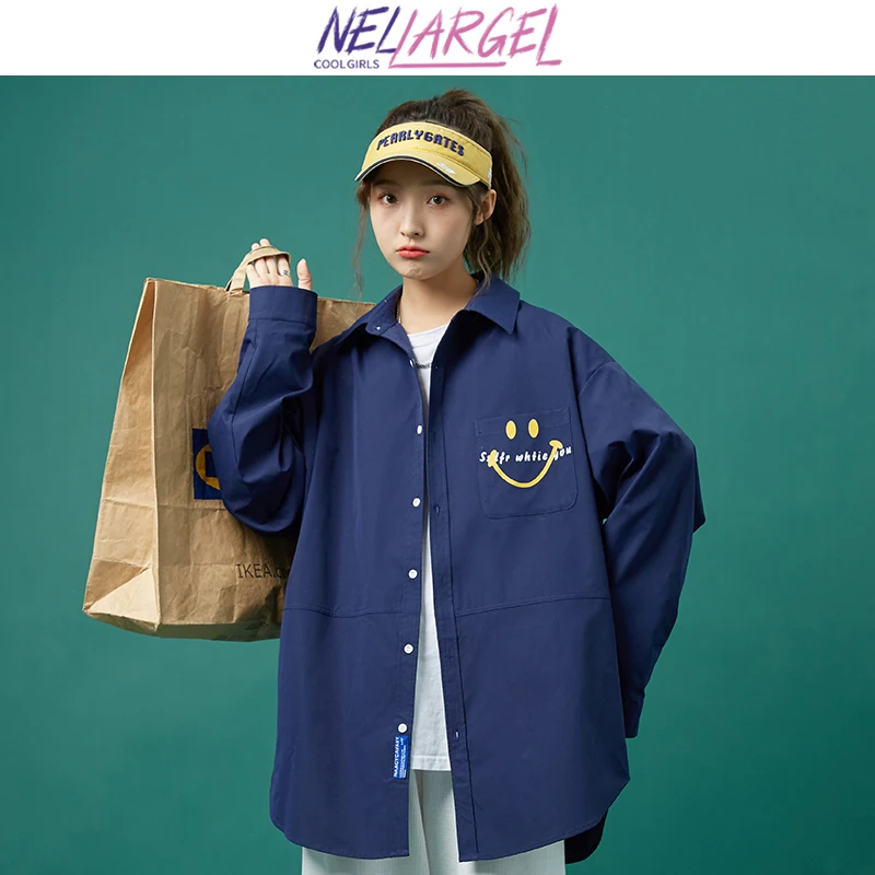 

NELLARGEL Women Harajuku Vintage Smiley Blouses 2023 Female Elegant Baggy Button Up Shirt Girl Oversized Korean Fahsion Blouse