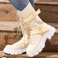 europe plus size 43 mid calf boots women 2021 canvas high top solid color thick soled casual round head lace up motorcycle boots