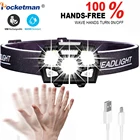 Ультраяркий светодиодный налобный фонарь Pocketman с датчиком движения, водонепроницаемый налобный фонарь, мощный налобный фонарь с зарядкой от USB, налобный фонарь