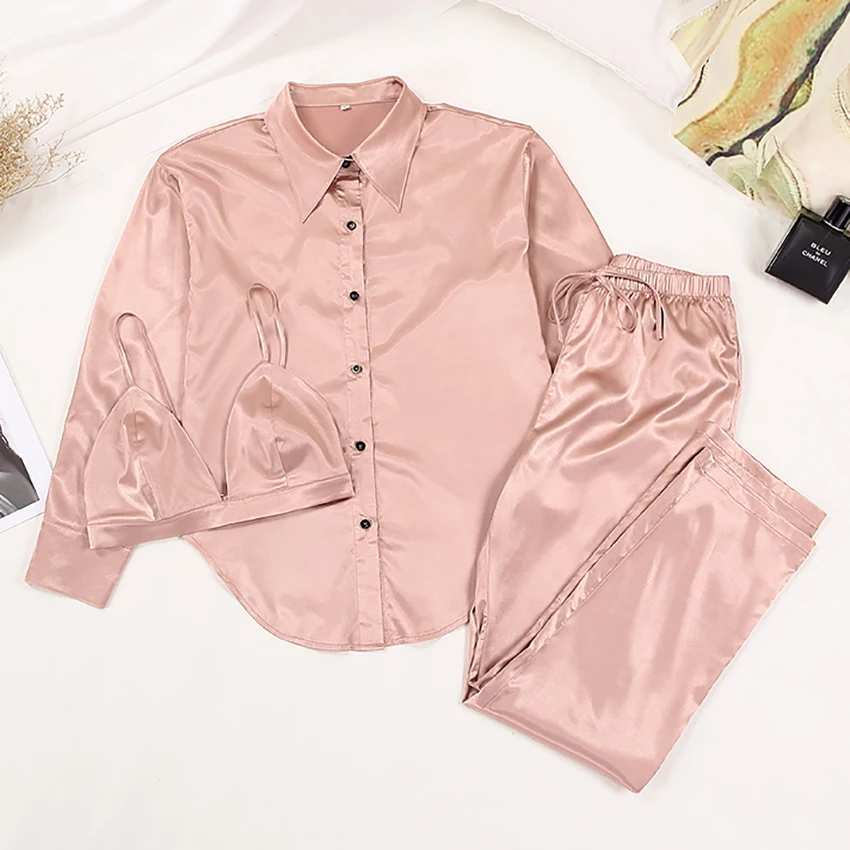 Restve Casual Pajamas For Women 3 Piece Set Turn Down Collar Long Sleeve Tops Bra Female Sets With Pants Solid Home Wear 2022