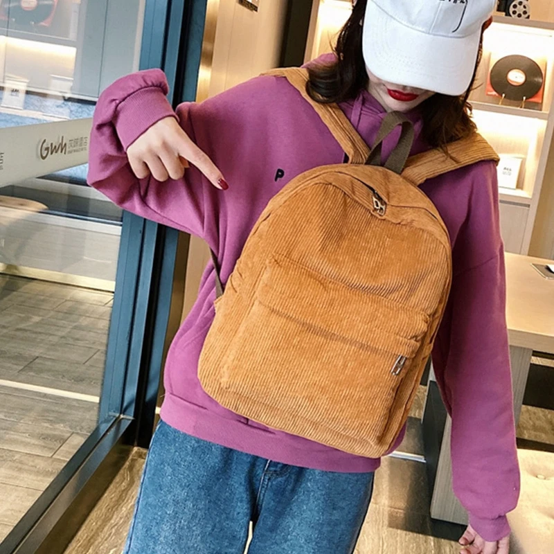 

Corduroy Backpack Solid Color Casual Daypack for Women Girl and Student