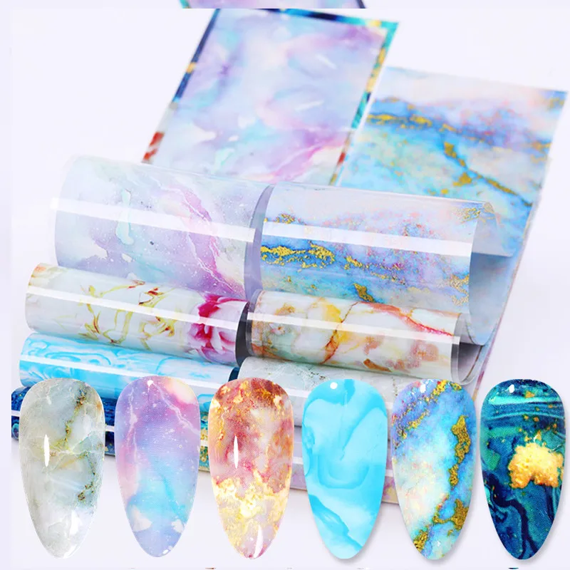 10 шт. Мрамор дизайн ногтей металлический Фольга для лака слайдер Holographics передачи