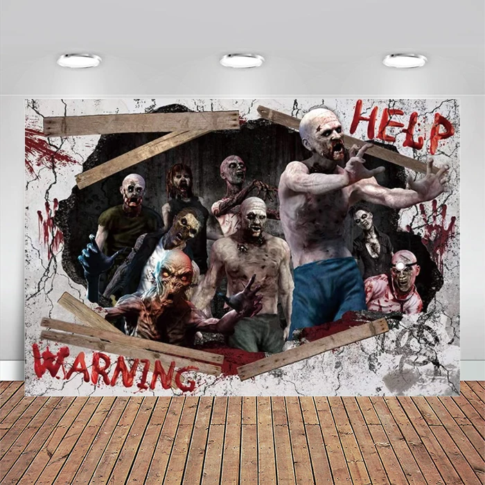 

Zombie Backdrop Halloween Party Decoration Scary Horror Blood Warning Help Background Photobooth Props Supplies