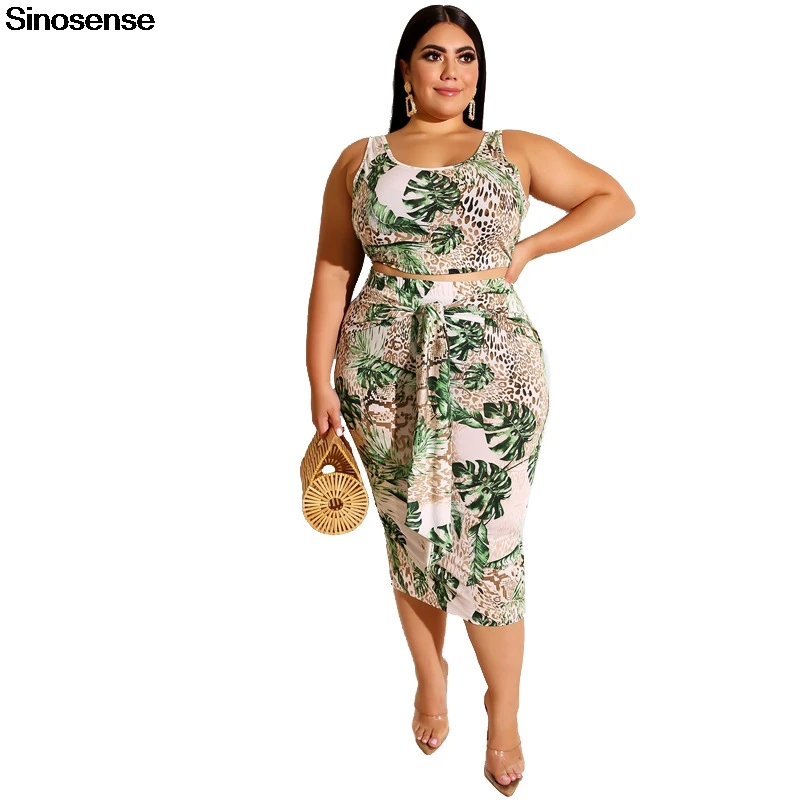 5XL плюс Размер 2 шт наряды 2019 листья Леопардовый принт без рукавов укороченный топ