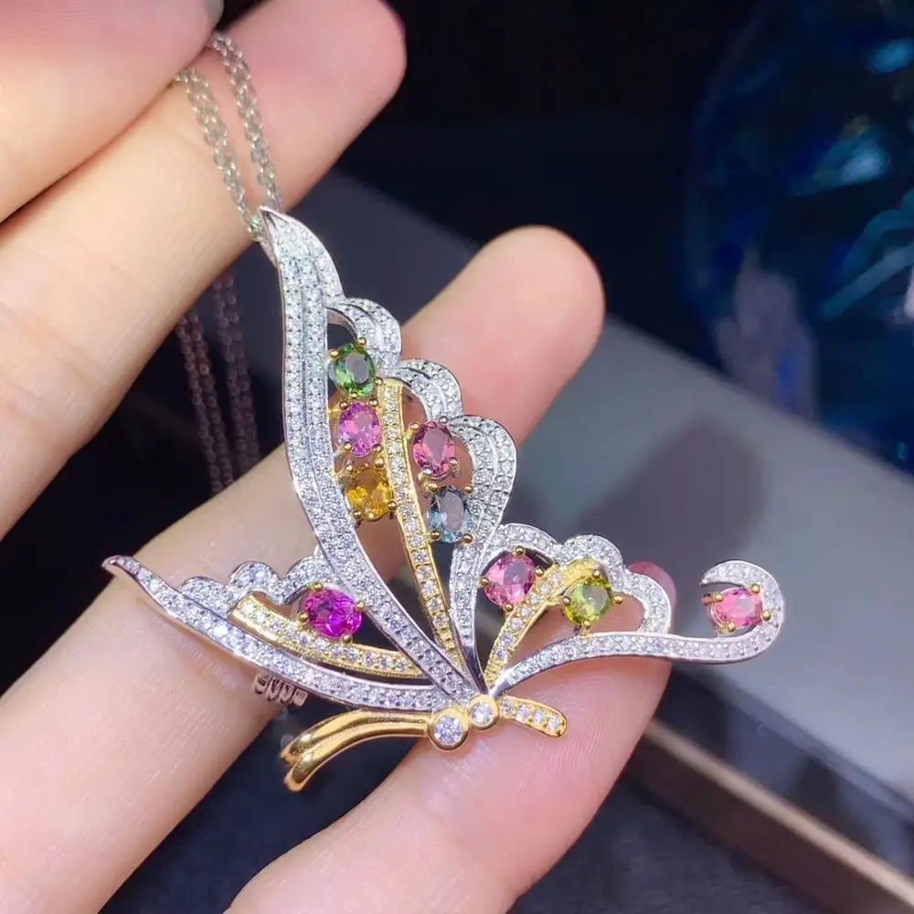 

Natural Multicolor tourmaline brooch S925 silver Natural gemstone brooch Pendant trendy Butterfly flight girl two wears jewelry