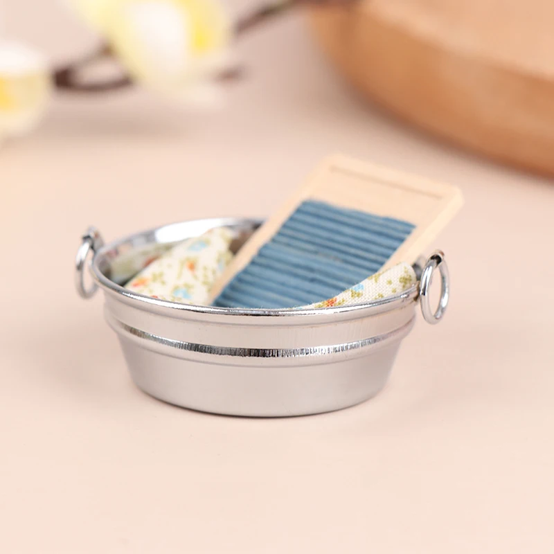 

3Pcs/Set Tub with Wooden Washboard Towel Set Furniture Toys Dollhouse Miniature Old Time Laundry