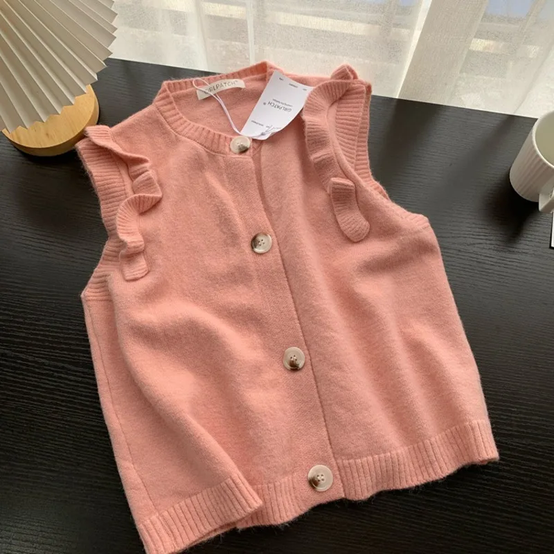 

Женский трикотажный жилет с рюшами, универсальный свитер без рукавов на пуговицах с V-образным вырезом, Осень-зима 2021