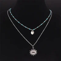 2pcs stainless steel silver boho astrology sun moon star necklace womenmen round multilayer jewelry collier multicouche nxs01
