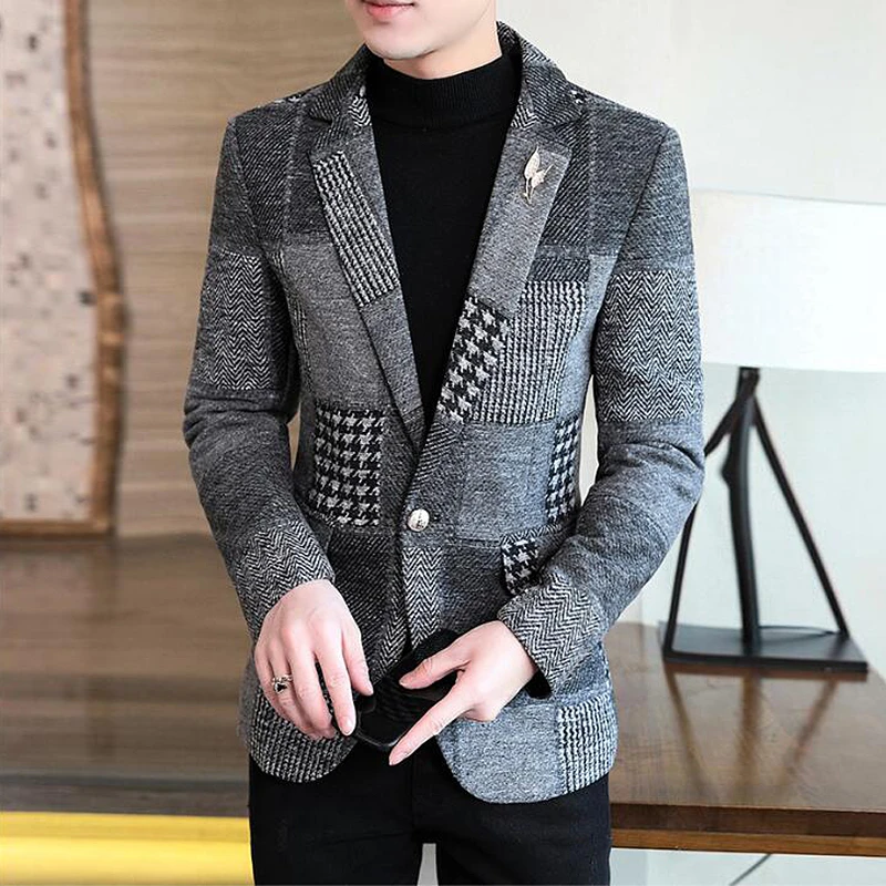 

Mens Stylish Blazer Thick Warm Suit Jacket Men Woolen Coat With Plaid Stitching Blazer