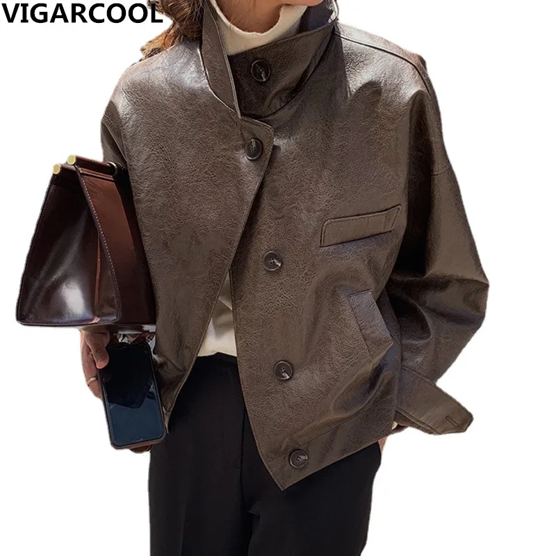 

Simple leather Jacket Women Autumn handsome stand-up collar Loose casual long-sleeved motorcycle PU leather short Jacket Female