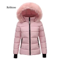 women faux fur collar coat down cotton jacket fall winter thicken warm minimalist hooded outdoor windproof casual coat
