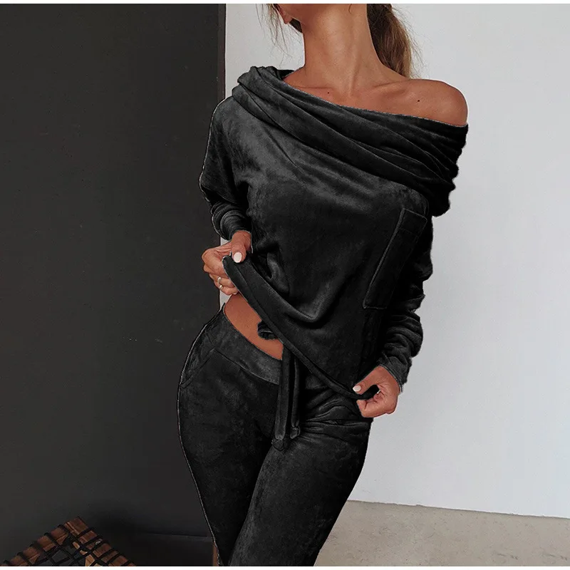 

WEPBEL Women's Casual Long Sleeve Slash Neck Top + Elastic Waist Pencil Pants Suit Autumn Winter Solid Color Casual Velvet Suit
