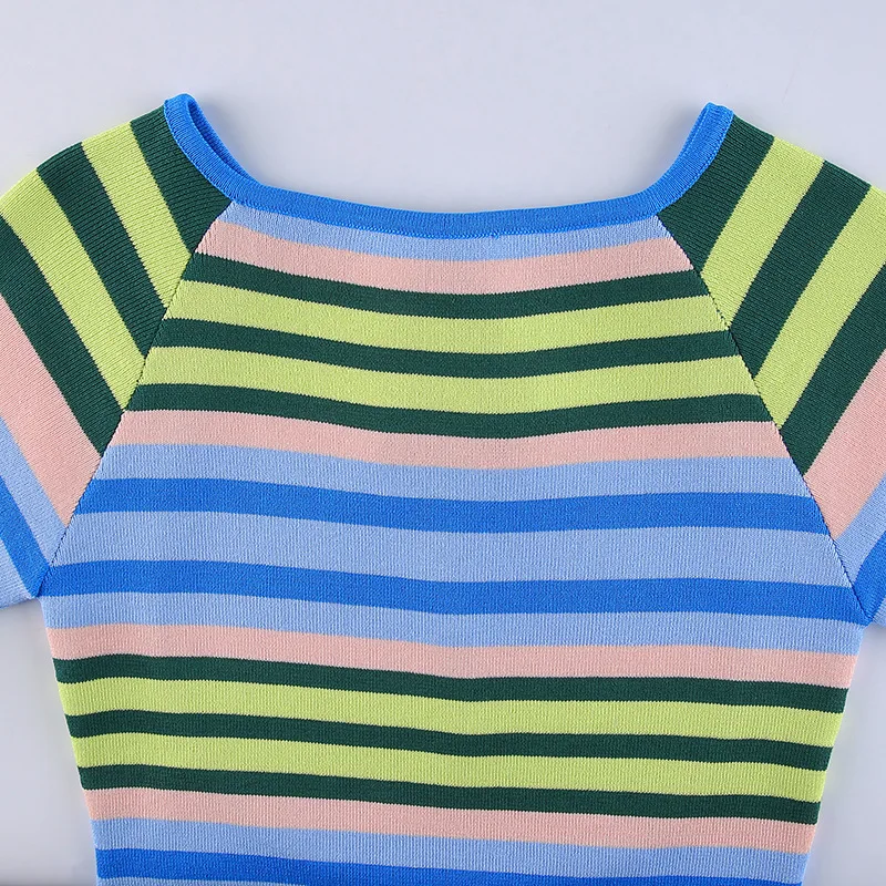 

Summer Stripe Sexy Dress for Women Backless Slim Round Neck Short Sleeve Knitted Dress Fashion Mini Bodycon Dress New Designer