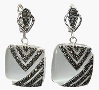 fancy ladys 925 silver hook clear opal marcasite square earrings 1