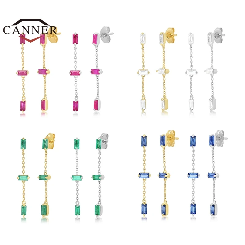 

CANNER 925 Sterling Silver Stud Earrings For Women Simple Colorful CZ Zircon Chain Piercing Earring Earings Jewelry Pendientes