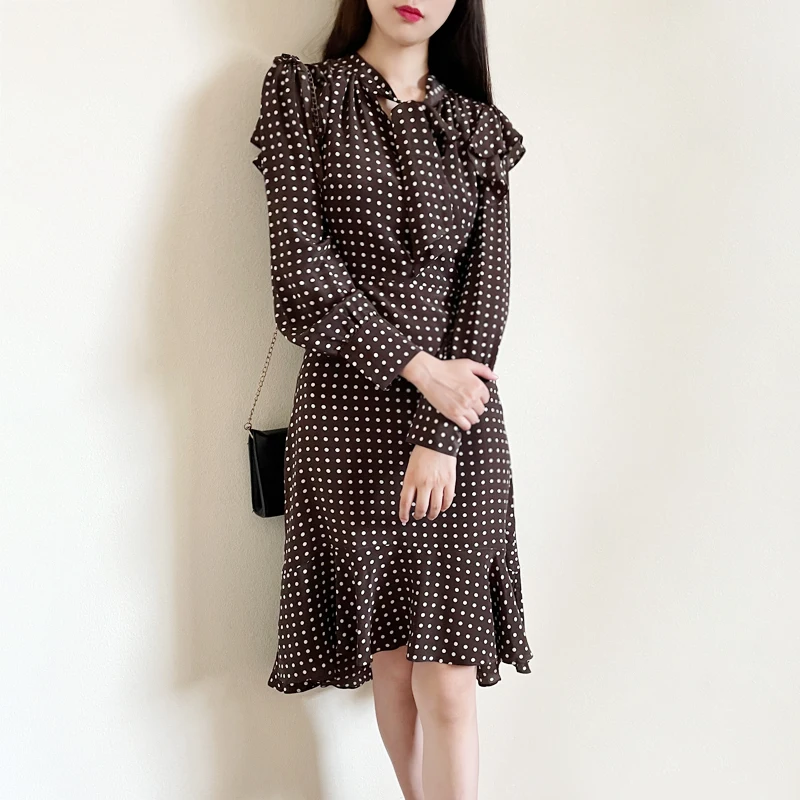 

Silk Vintage Spot Bow Collar Ruffles Irregular Dress UK Collections UK8-16