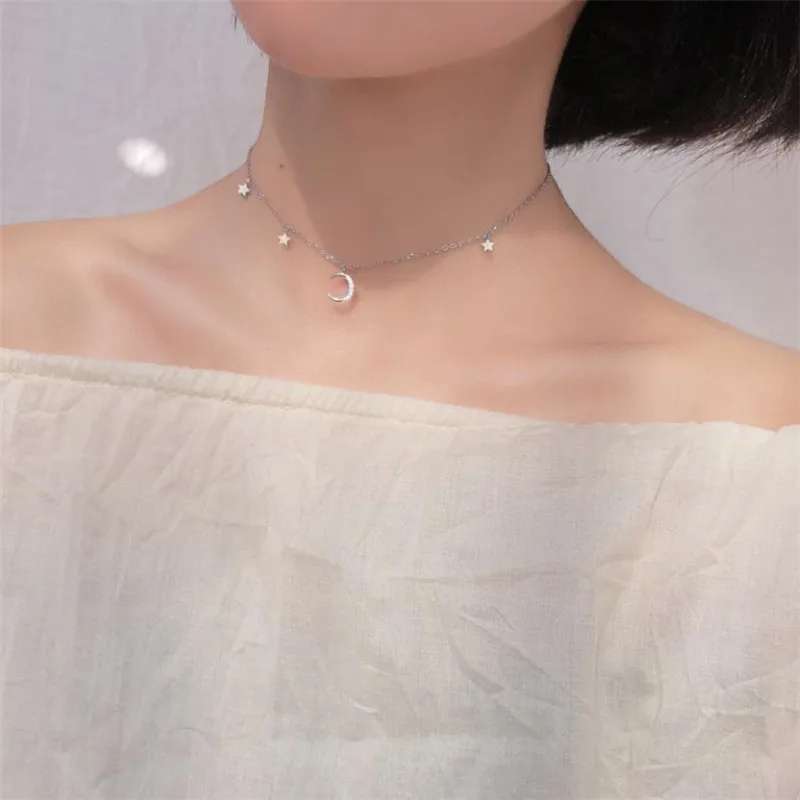 

Charm Zircon Moon Star Design Pendant Necklace Girls Party Accessories Fashion Silver 925 Women Chain Clavicle Necklace Jewelry