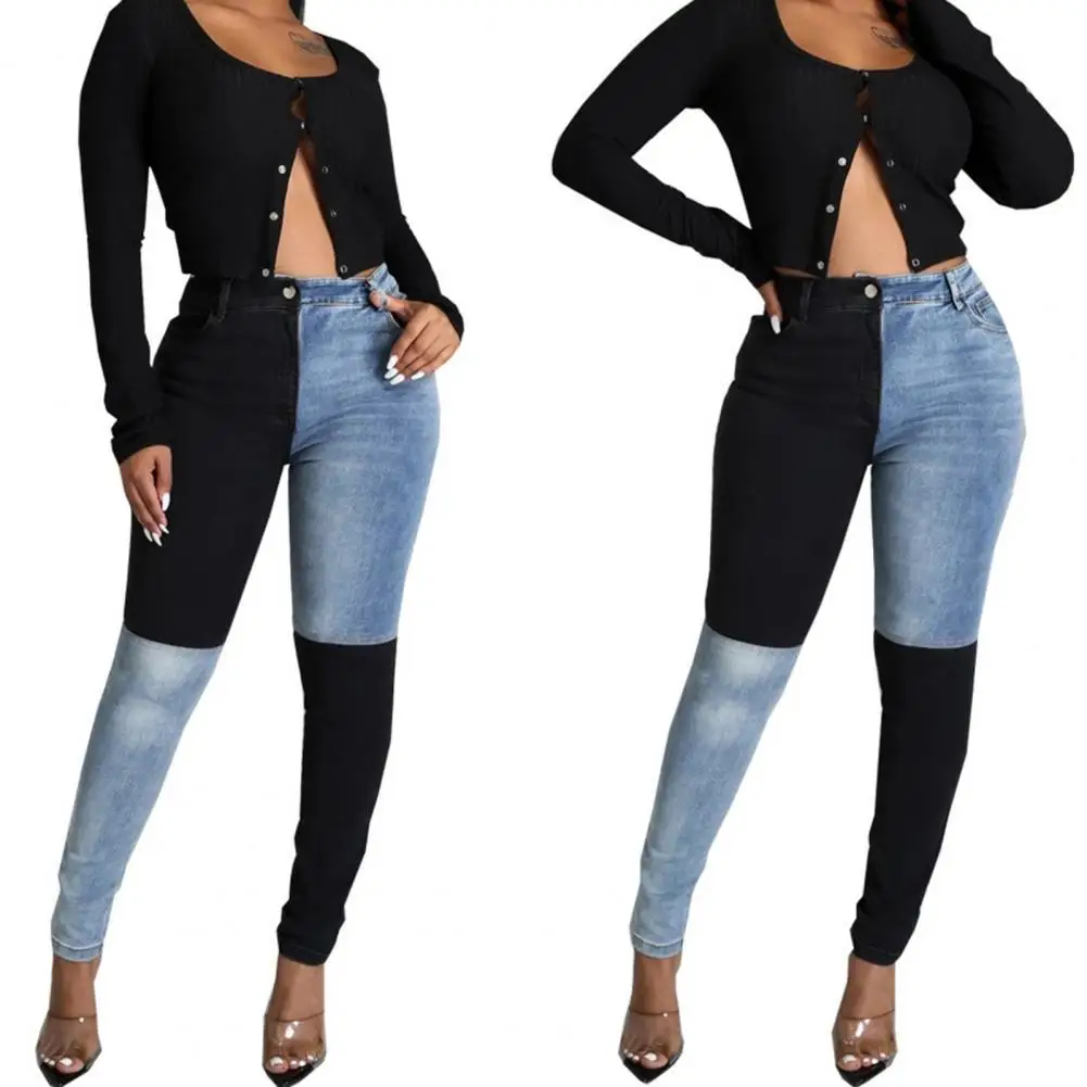 

Elastic Denim Pants Slim Fit Contrast Color Women Jeans for Daily Wear