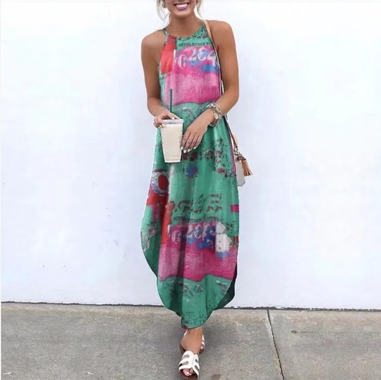 

One line neck print dovetail drawstring dress