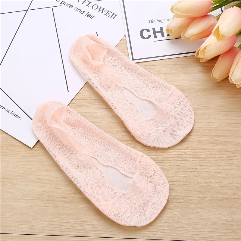 Модные женские хлопковые кружевные нескользящие носки с невидимой подкладкой