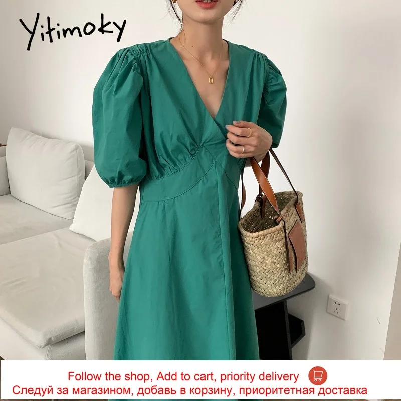 

Yitimoky Vintage Women Dresses 2021 Summer Fashion Korean New Ruched Puff Sleeve Deep V Neck Simple Solid Knee-Length-dress