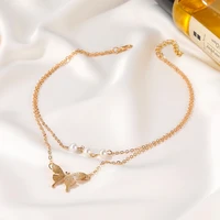 2021 vintage boho gold double layered necklace for women butterfly shell pearl chain long choker collar sweet pendant necklaces