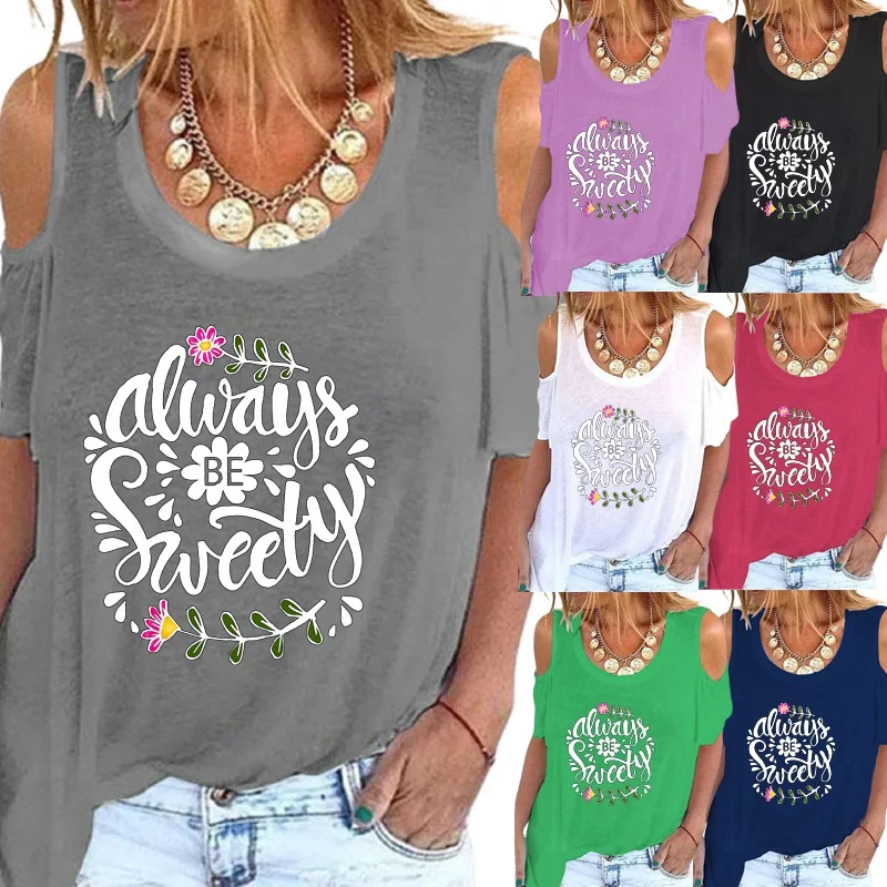 

Women's Off Shoulder Summer Letter Printed T-Shirt Loose Casual Shirt Short Sleeve Tops Plus Size
