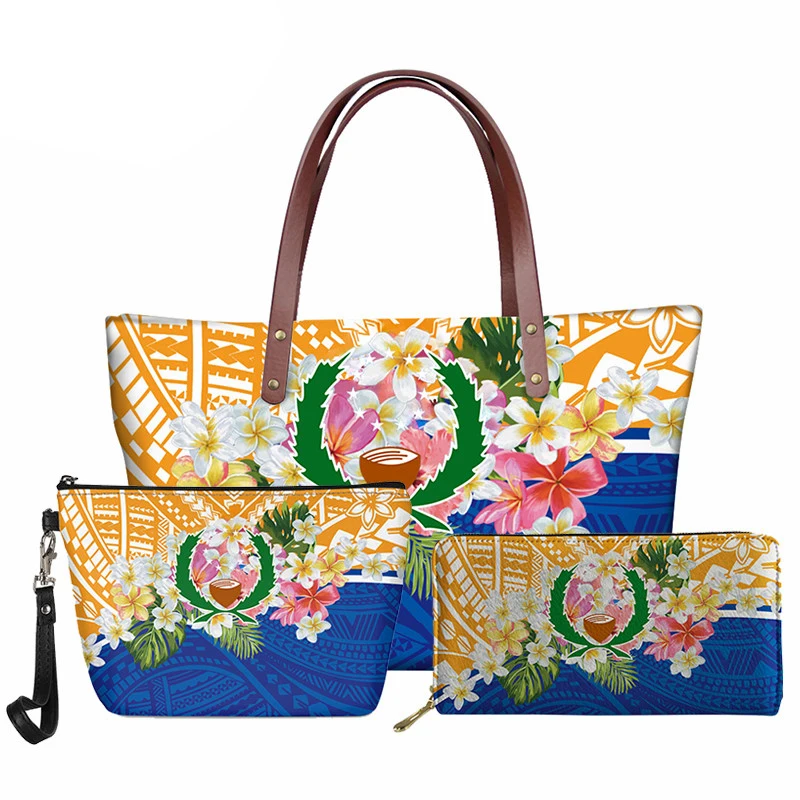 

Women Handbag Set Brand Design Polynesian Samoa Tribal Totes Hawaiian Plumeria Print Purse Large Capacity Beach Shoulder Bags