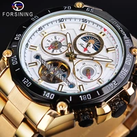 forsining golden tourbillon male mechanical watch automatic moon phase date casual sport stainless steel band clock montre homme