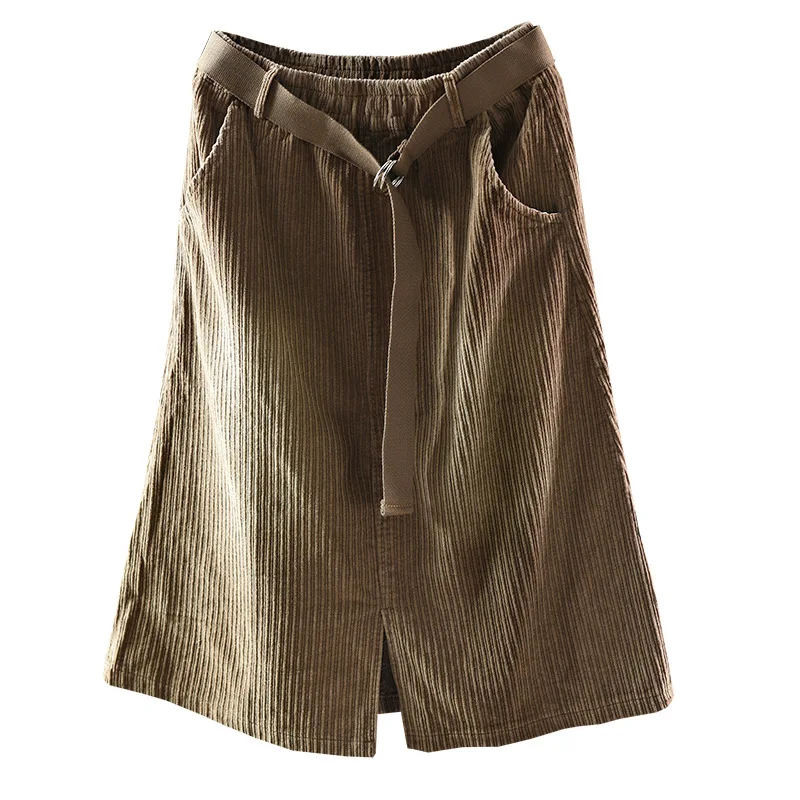 Осенняя Женская юбка в стиле ретро с эластичным поясом Вельветовая разрезом