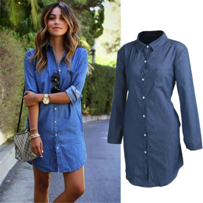 

Женская джинсовая футболка, мини-платье с длинным рукавом, Повседневная однотонная Свободная рубашка, мини-платье