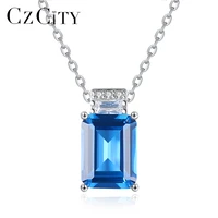 czcity big square aquamarine gemstone pendant necklaces for women wedding engagement fine jewelry 925 sterling silver kolye gift