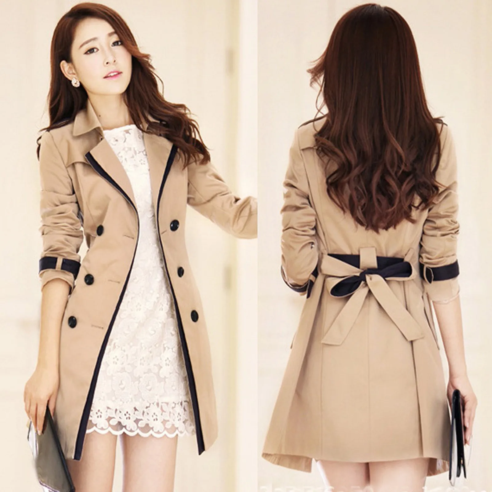 Модная женская зимняя осенняя куртка пальто на пуговицах с бантом сзади