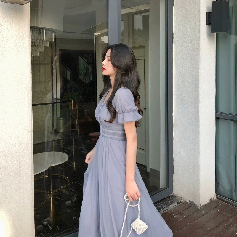 

2021 New Summer Mesh Dress Female Retro V-neck Puff Sleeve A-line Women Party Dress Slim Korean Mesh Elegant Vintage Vestidos