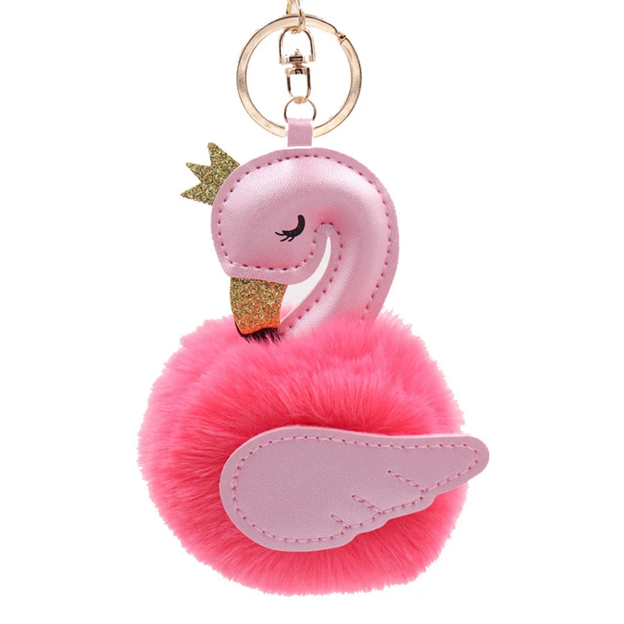 

Cute Pink flamingo Pompom Keychain Swan Key Chain Fake Rabbit Fur Ball Women Car Bag Pompon Key Ring Pom Pom Holder girl gift