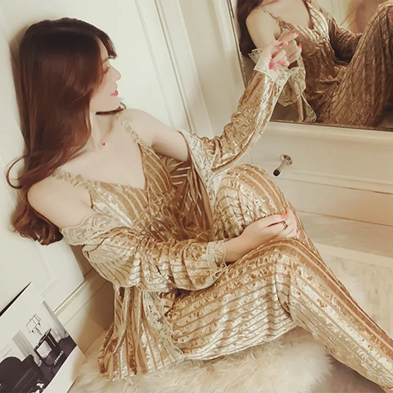 Комплект из 3 предметов новинка золотистые бархатные пижамы Осень-зима теплые