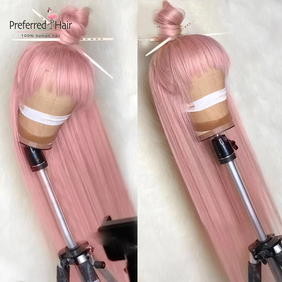 Pink Wig Предпочтительный цвет красный, оранжевый, 13x6 Синтетические волосы на кружеве парики с челкой бразильский Реми прямые розовый парики из натуральных волос с Африканской структурой, прозрачные кружевные парики для Для женщин - Цвет: Pink Wig