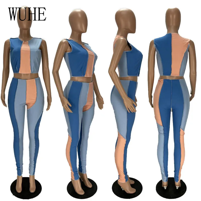 

YEYA Color Contrast Two Piece Sleeveless O Neck Off Shoulder Tanks Top and Pencil Pants Casual Streetwear Tracksuits Outfits